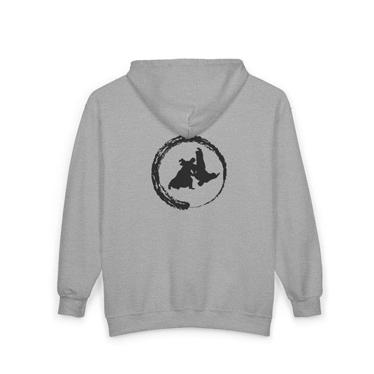 Gray hoodie with a black circular design on the back featuring two bears.