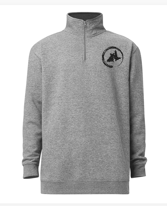 Gray quarter-zip sweatshirt with a logo on the chest against a white background