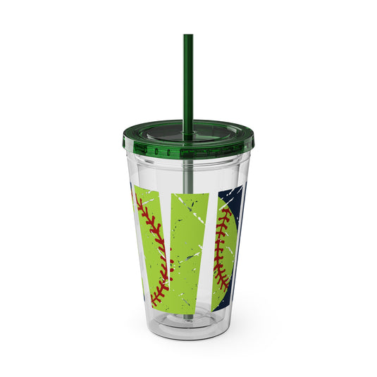 Softball 16 oz Sunsplash Tumbler with Straw w/Custom Name