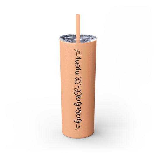 Baseball Mom with Heart and Wings 20oz Skinny Tumbler with Straw in Matte or Glossy