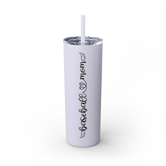 Baseball Mom with Heart and Wings 20oz Skinny Tumbler with Straw in Matte or Glossy