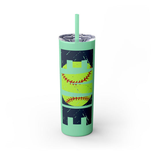 Softball 20oz Skinny Tumbler with Straw w/Custom Name