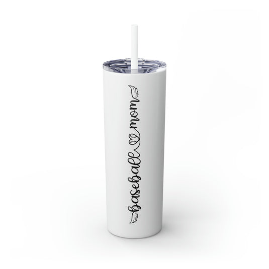 Baseball Mom with Heart and Wings 20oz Skinny Tumbler with Straw in Matte or Glossy