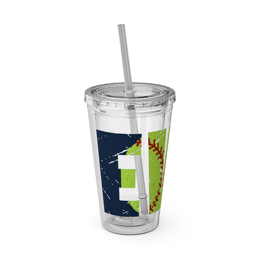 Softball 16 oz Sunsplash Tumbler with Straw w/Custom Name