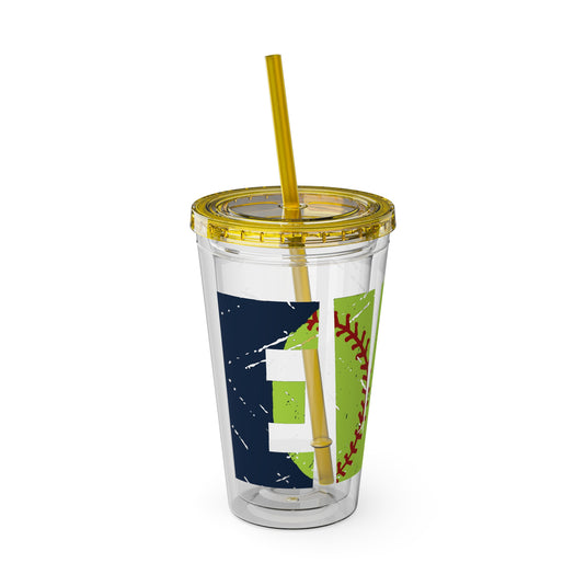 Softball 16 oz Sunsplash Tumbler with Straw w/Custom Name