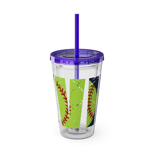 Softball 16 oz Sunsplash Tumbler with Straw w/Custom Name