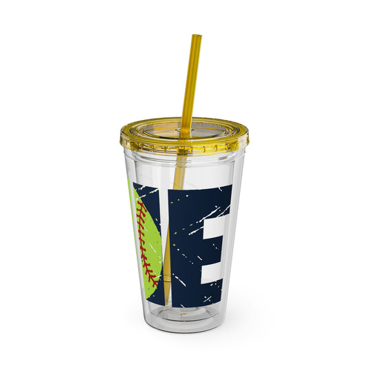 Softball 16 oz Sunsplash Tumbler with Straw w/Custom Name