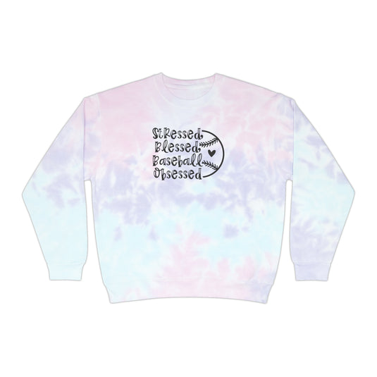 Stressed Blessed Baseball Obsessed Adult Unisex Tie-Dye Crewneck Sweatshirt