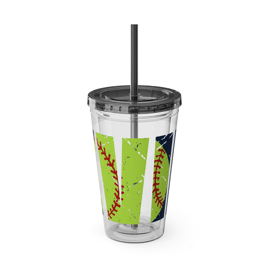 Softball 16 oz Sunsplash Tumbler with Straw w/Custom Name