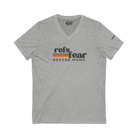 Refs Fear Soccer Moms Adult Women's V-Neck T-Shirt w/#VanguardStrong on Left Sleeve