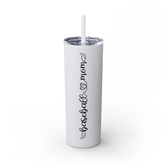 Baseball Mom with Heart and Wings 20oz Skinny Tumbler with Straw in Matte or Glossy