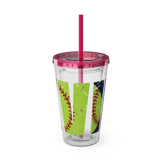 Softball 16 oz Sunsplash Tumbler with Straw w/Custom Name