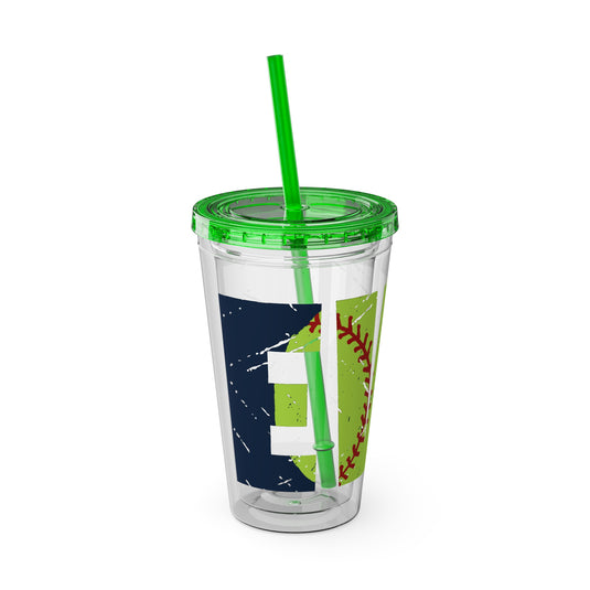 Softball 16 oz Sunsplash Tumbler with Straw w/Custom Name