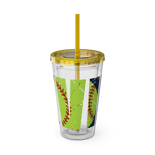 Softball 16 oz Sunsplash Tumbler with Straw w/Custom Name