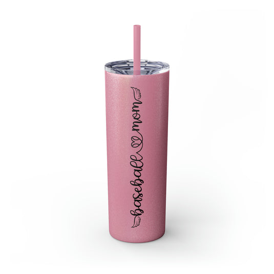 Baseball Mom with Heart and Wings 20oz Skinny Tumbler with Straw in Matte or Glossy