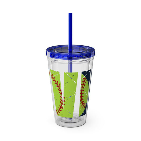 Softball 16 oz Sunsplash Tumbler with Straw w/Custom Name