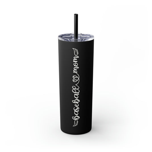 Baseball Mom with Heart and Wings 20oz Skinny Tumbler with Straw in Matte or Glossy