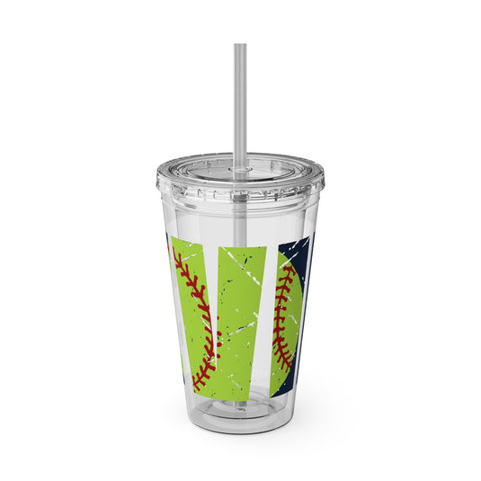 Softball 16 oz Sunsplash Tumbler with Straw w/Custom Name