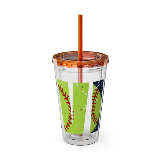 Softball 16 oz Sunsplash Tumbler with Straw w/Custom Name