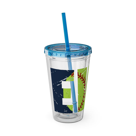 Softball 16 oz Sunsplash Tumbler with Straw w/Custom Name