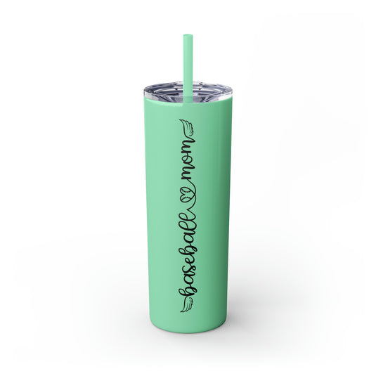 Baseball Mom with Heart and Wings 20oz Skinny Tumbler with Straw in Matte or Glossy