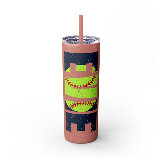 Softball 20oz Skinny Tumbler with Straw w/Custom Name