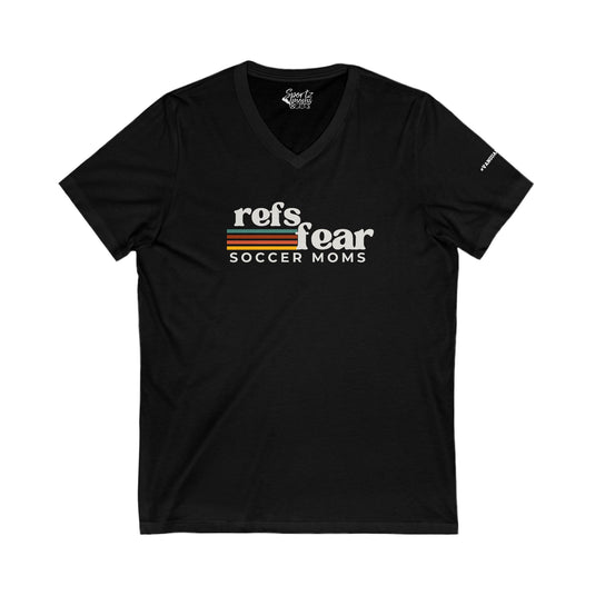 Refs Fear Soccer Moms Adult Women's V-Neck T-Shirt w/#VanguardStrong on Left Sleeve