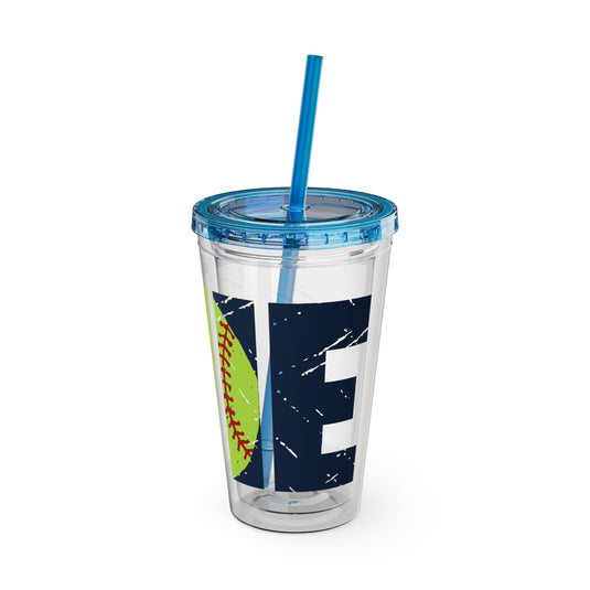 Softball 16 oz Sunsplash Tumbler with Straw w/Custom Name