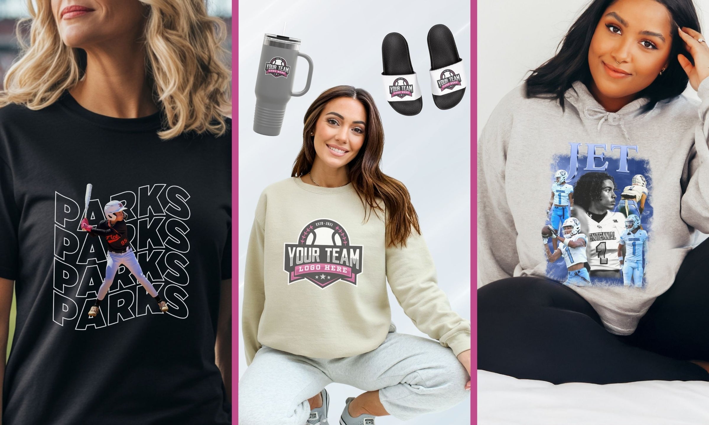 Three people wearing team branded clothing and accessories