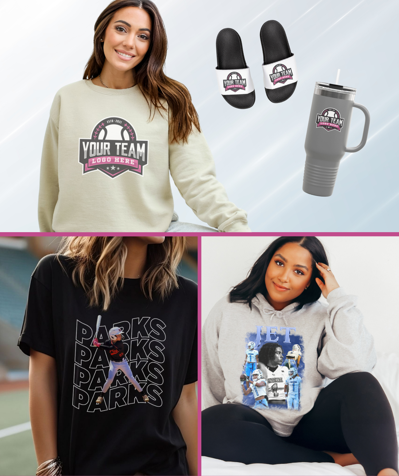 Collection of sports-themed apparel including a sweatshirt, t-shirt, and hoodie with team logos.