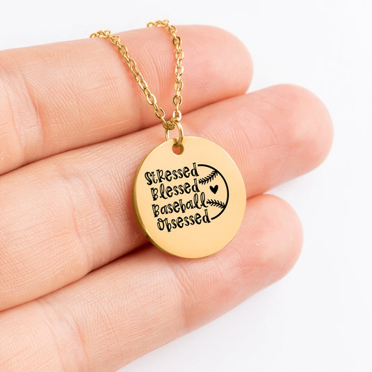 Stressed Blessed Baseball Obsessed Coin Necklace