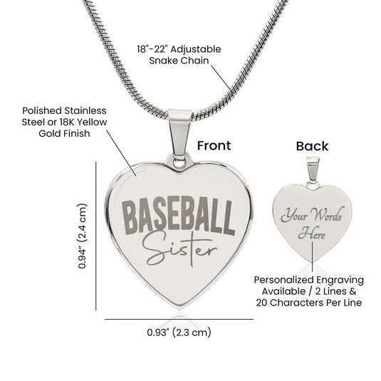 Baseball Sister Rustic Cursive Heart Necklace