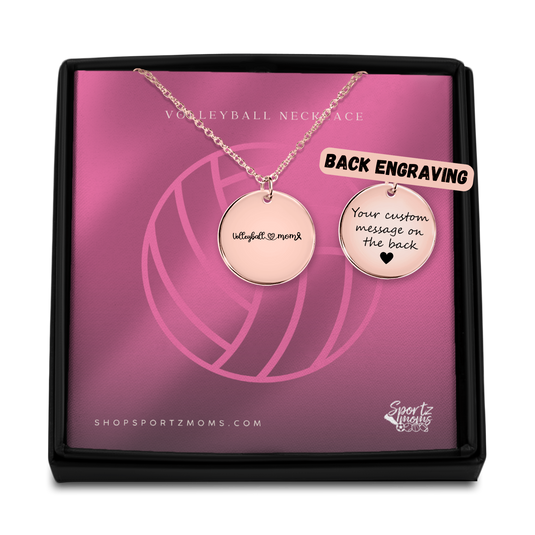 Volleyball Mom with Heart and Cancer Ribbon Coin Necklace